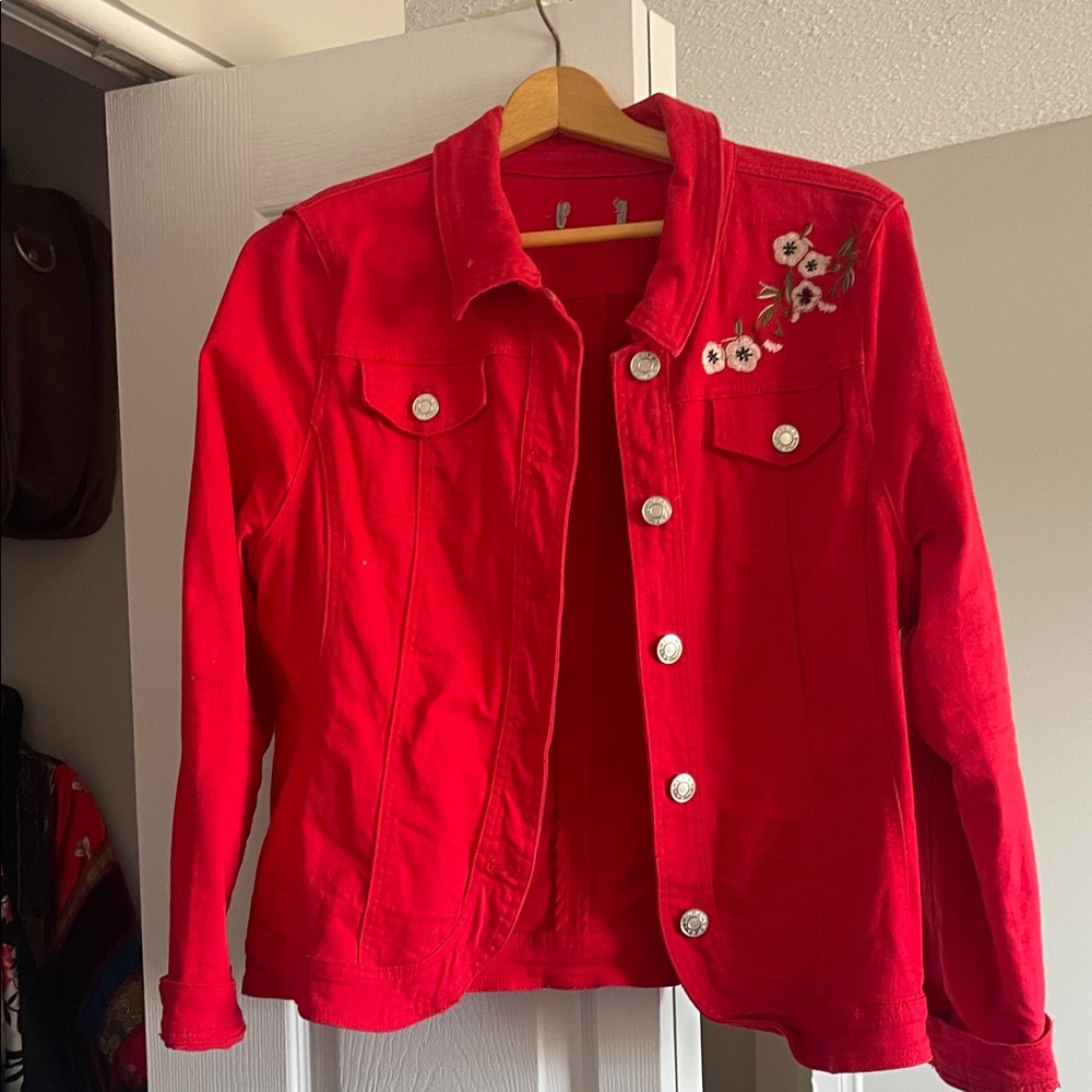 Red Women's Embroidered Denim Jacket - Classic Button Front